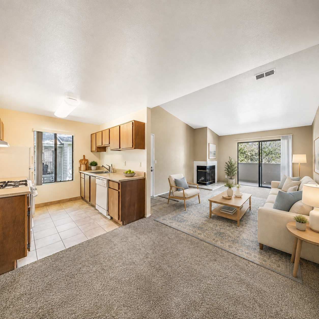 Wide view of kitchen with brown cabinets and white appliances and furnished living area