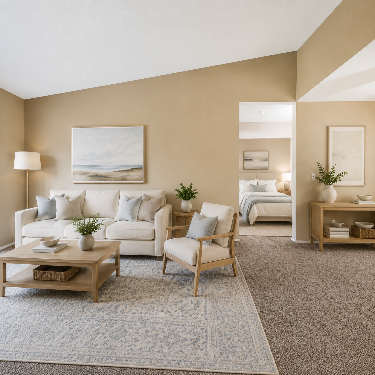Furnished living area featuring sofa and coffee table and view into bedroom with bed