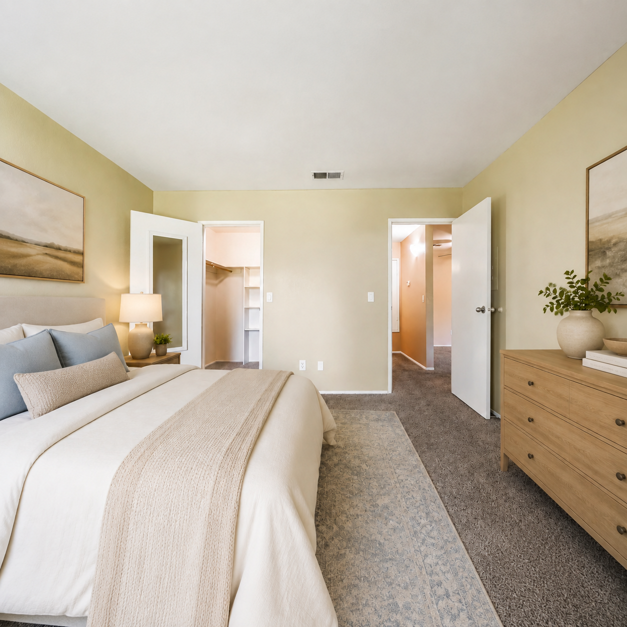 Bedroom with bed, lamp, and view into spacious closet