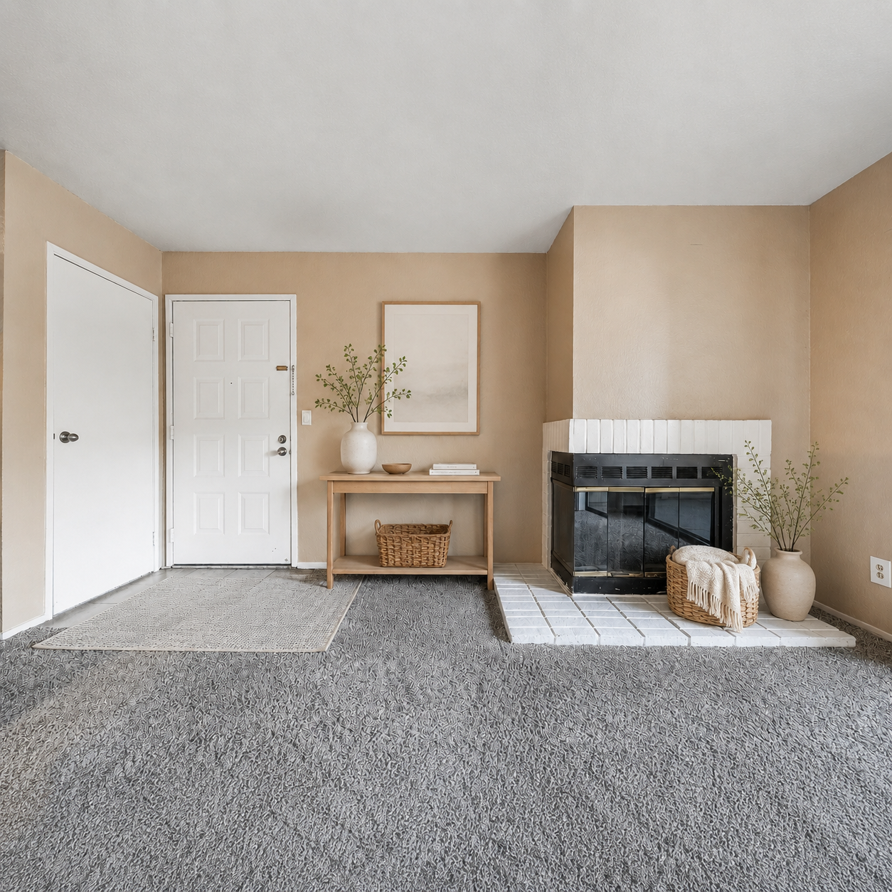 Unfurnished living area with carpet and fireplace