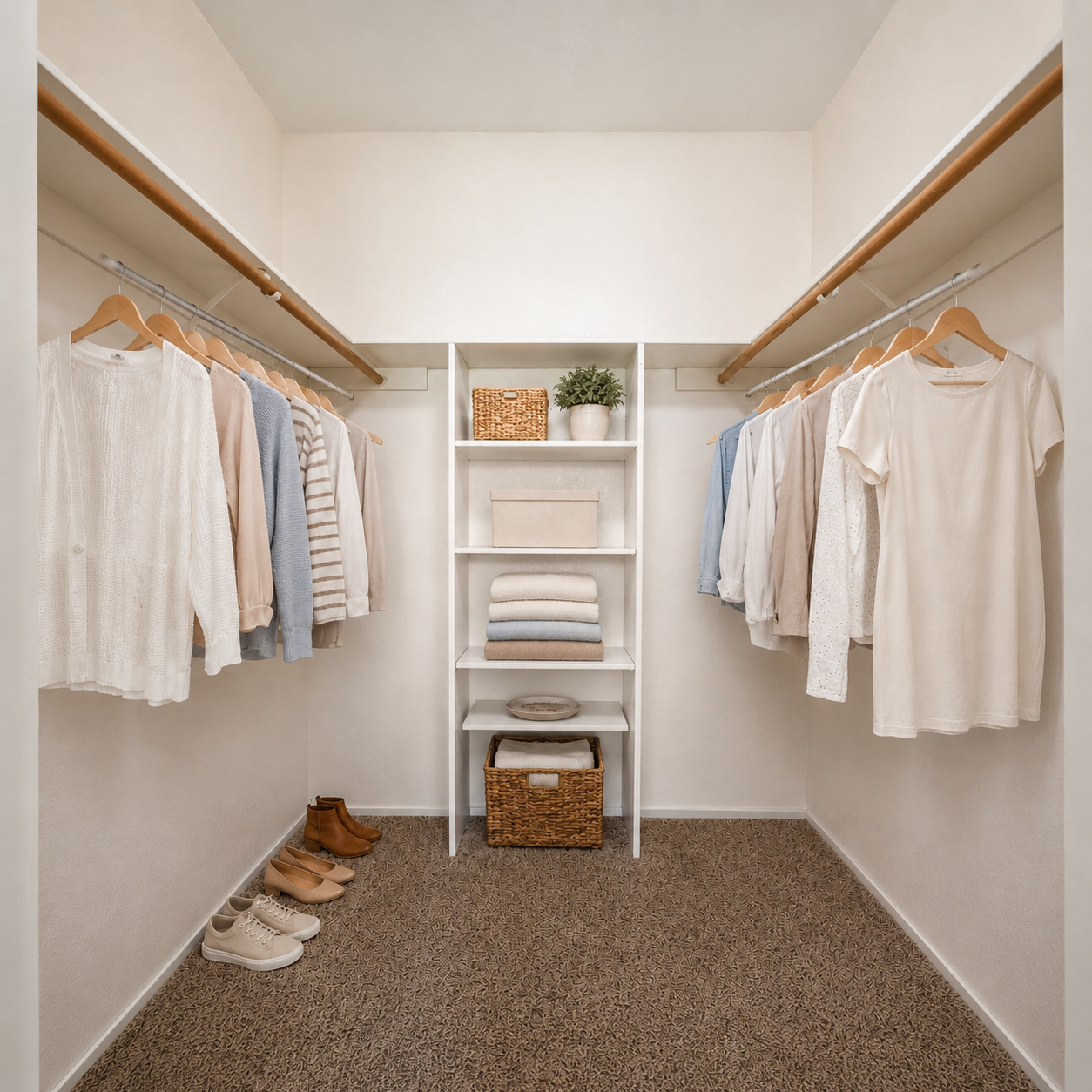 Walk-in closet with clothes and shoes