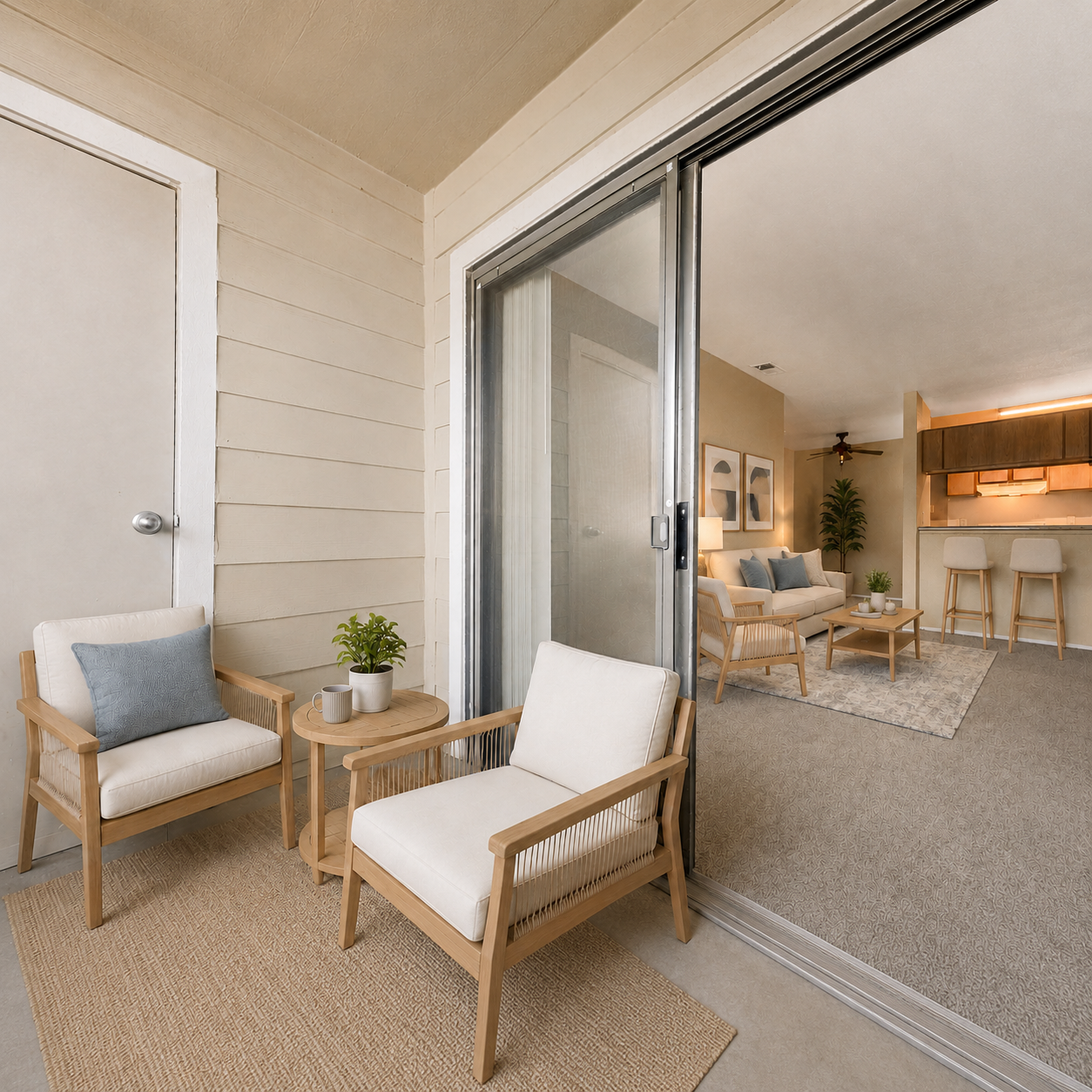 Balcony with chairs and view of living area