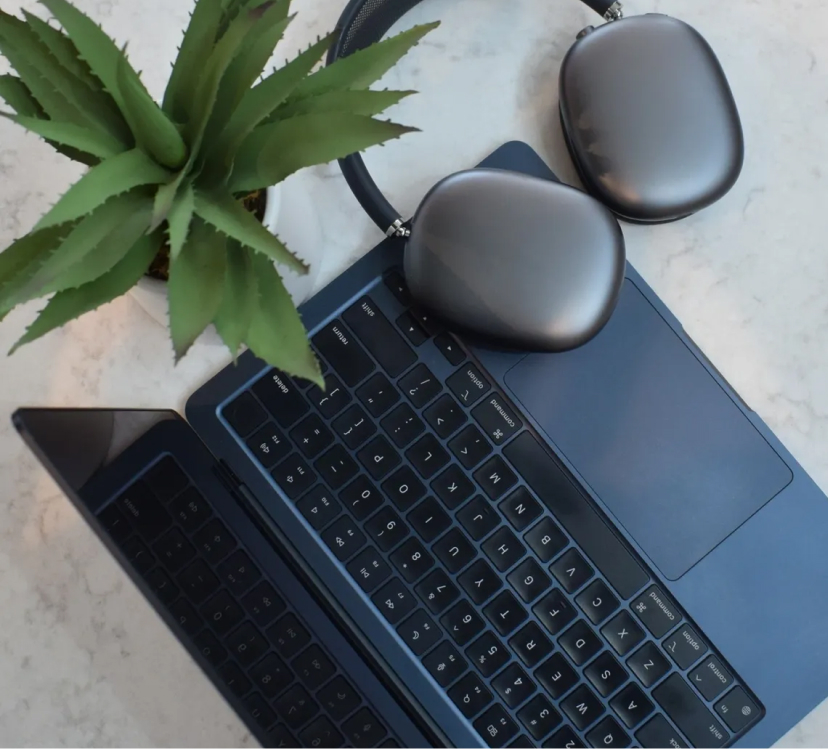 Gray wireless headphones resting on a dark laptop keyboard next to a green succulent plant