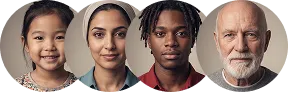Portraits of four diverse individuals of different ages and backgrounds against a neutral background.