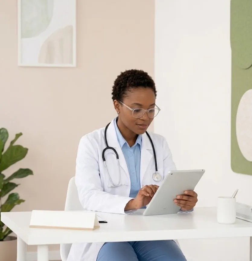Female doctor with stethoscope using tablet at her desk in a bright office.