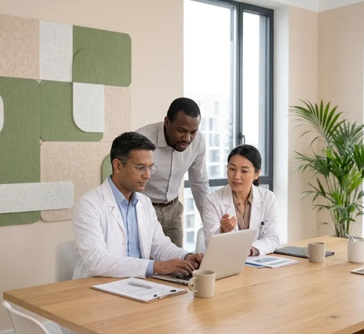Two doctors and a man in business casual discuss a laptop screen in a modern office meeting room.