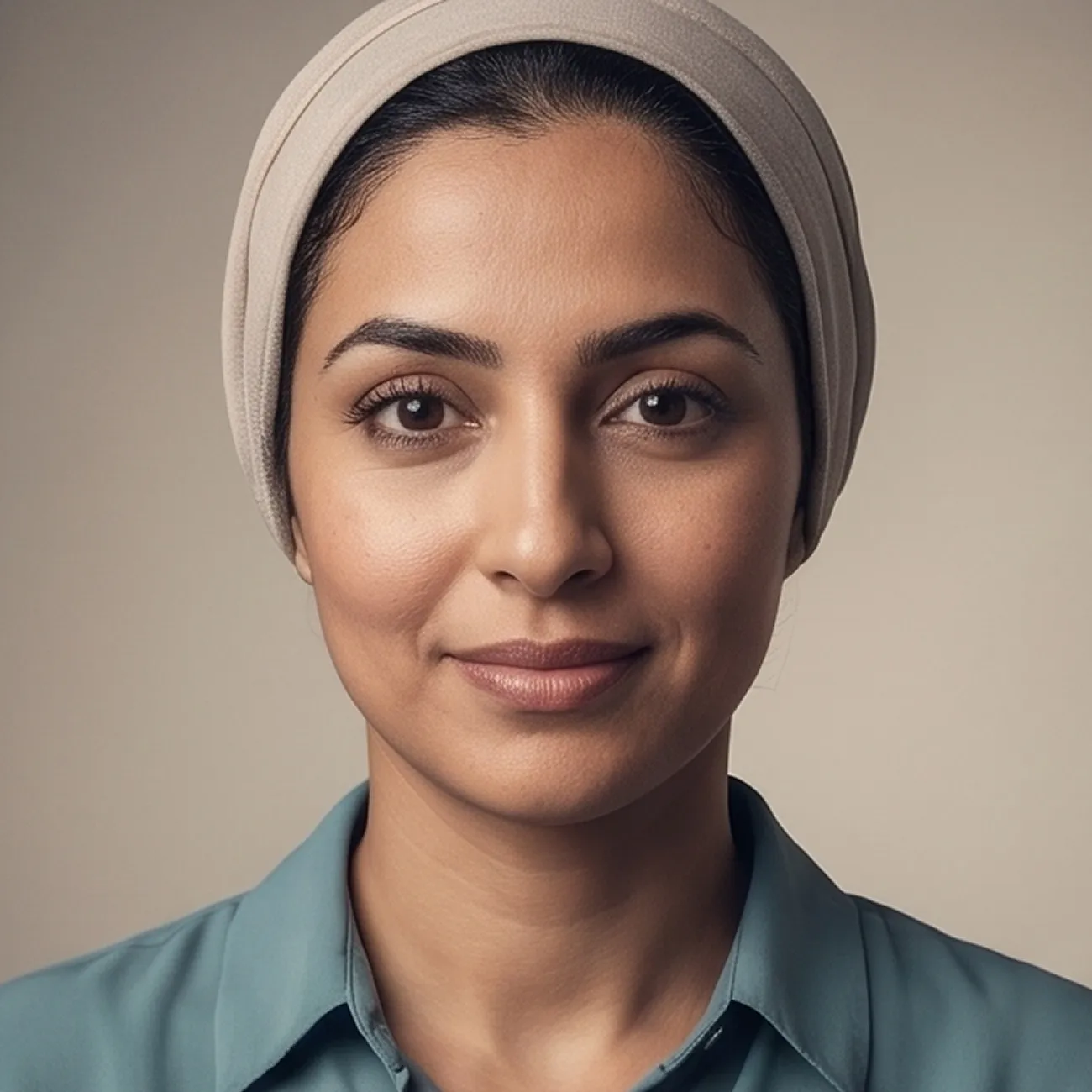 Portrait of a woman with brown eyes wearing a beige headscarf and teal collared shirt, smiling softly.