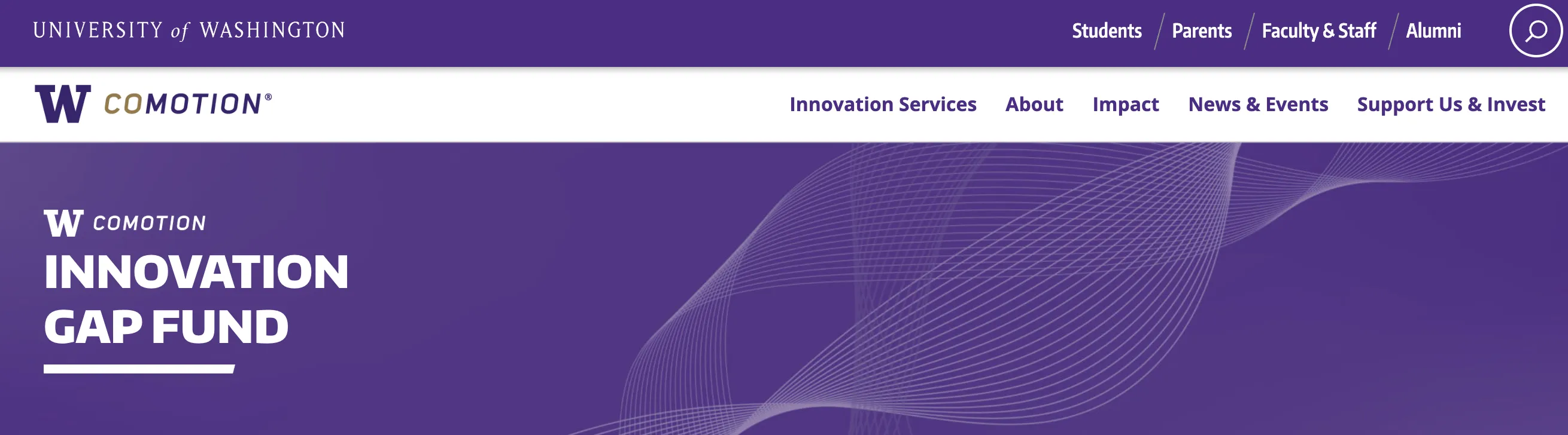 University of Washington CoMotion Innovation Gap Fund webpage header with navigation links and abstract wave design.