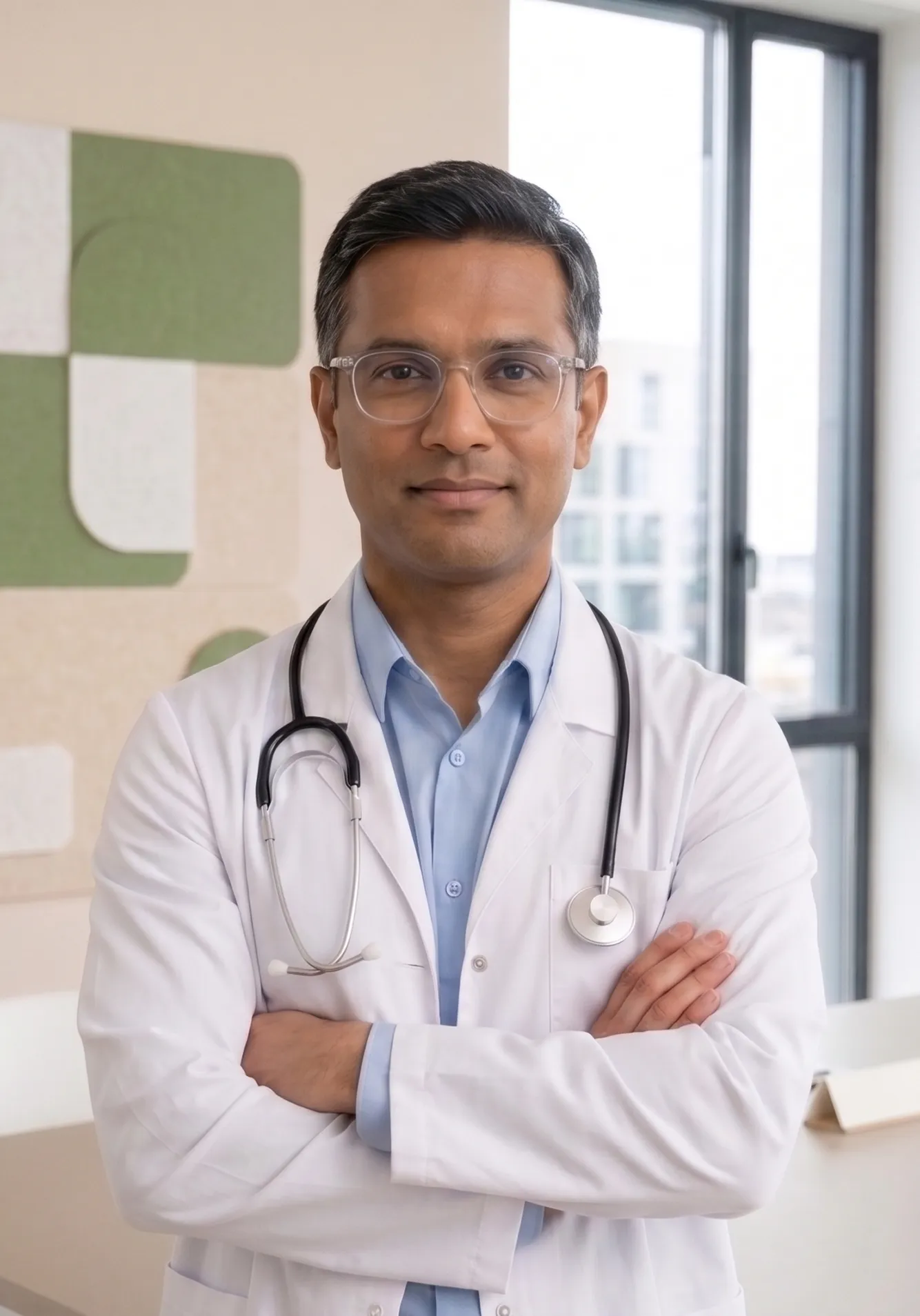 Confident male doctor wearing glasses, a white coat, and stethoscope standing with arms crossed.
