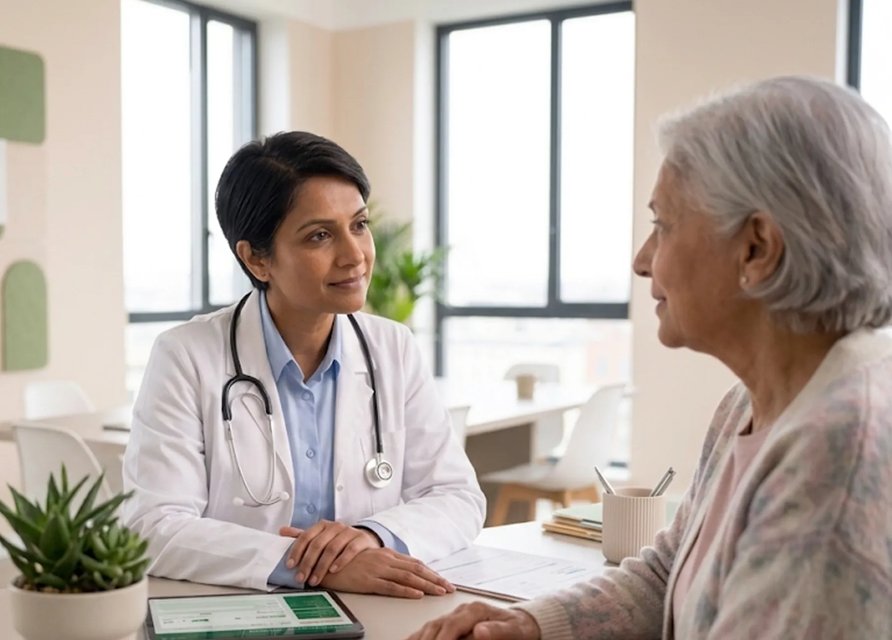 Female doctor attentively listening to an elderly female patient during a consultation.