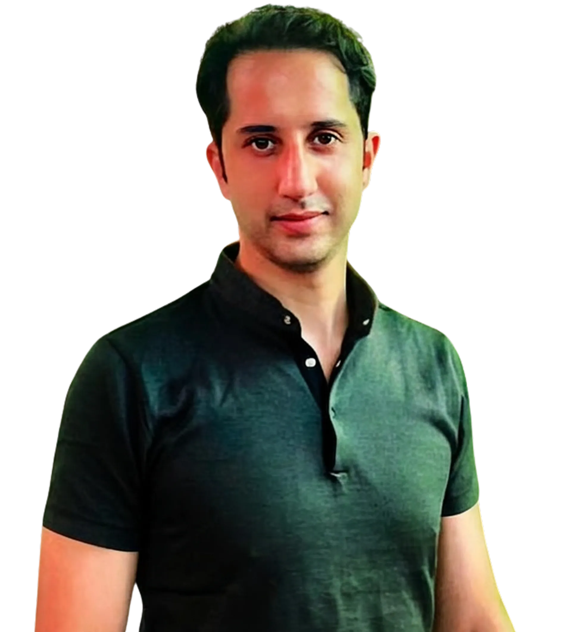 Man with short dark hair wearing a dark green polo shirt against a black background.