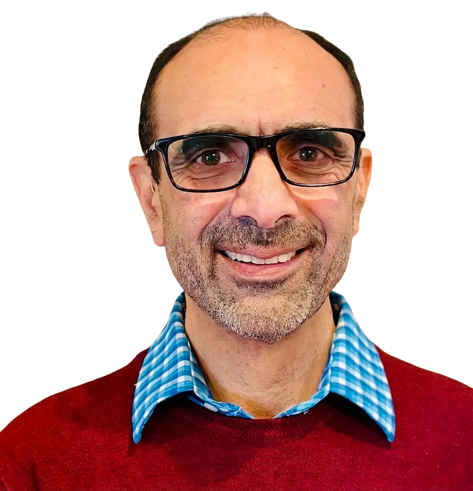 Middle-aged man with glasses, short hair, and a beard wearing a red sweater and blue checkered shirt.
