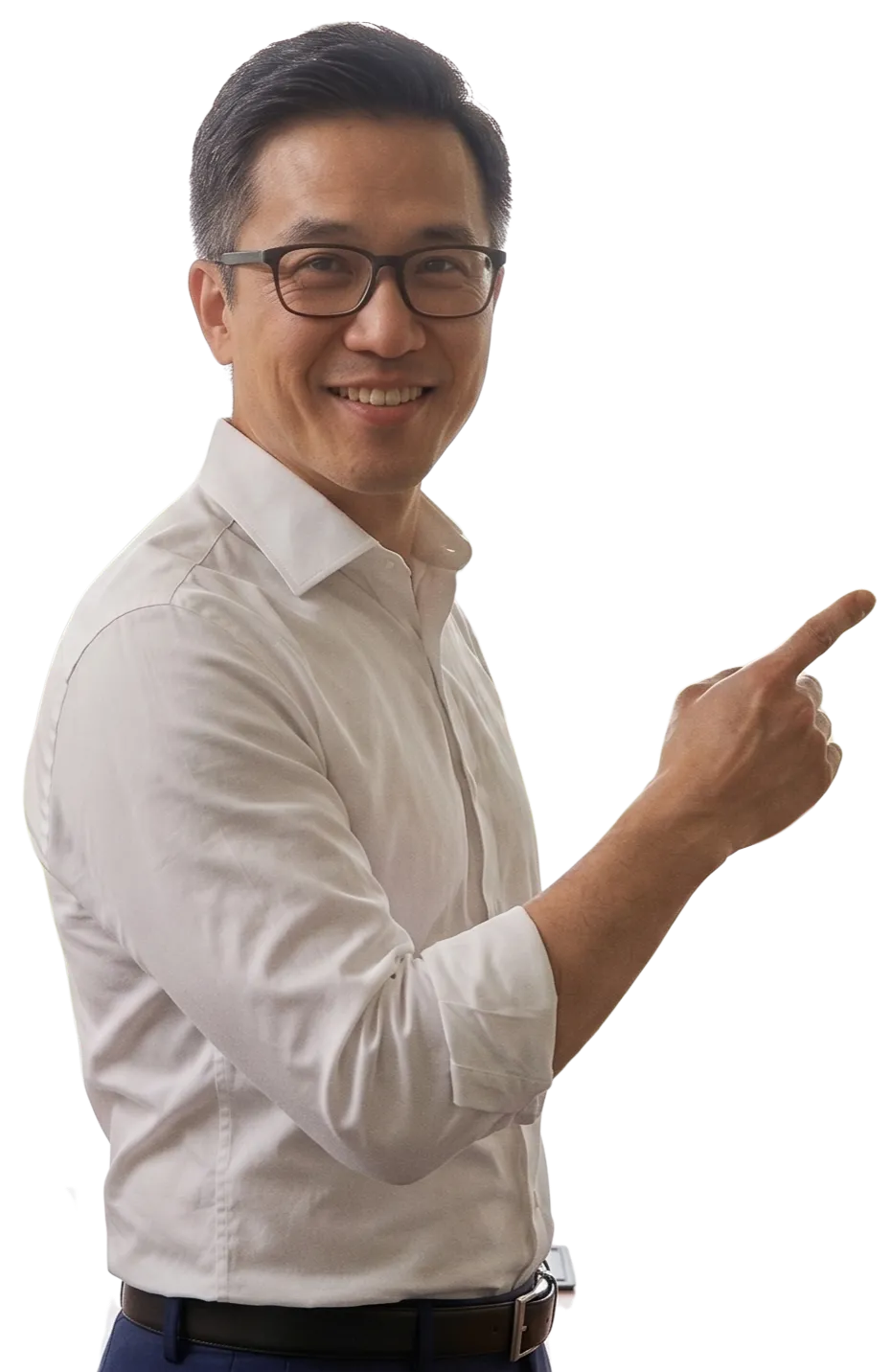 Smiling man in glasses and white shirt pointing with his right hand to the right.
