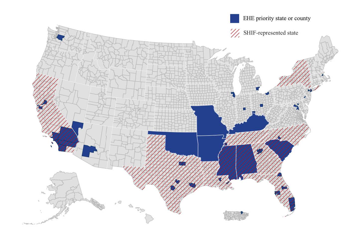 Map of the United States showing EHE priority states and SHIF-represented states