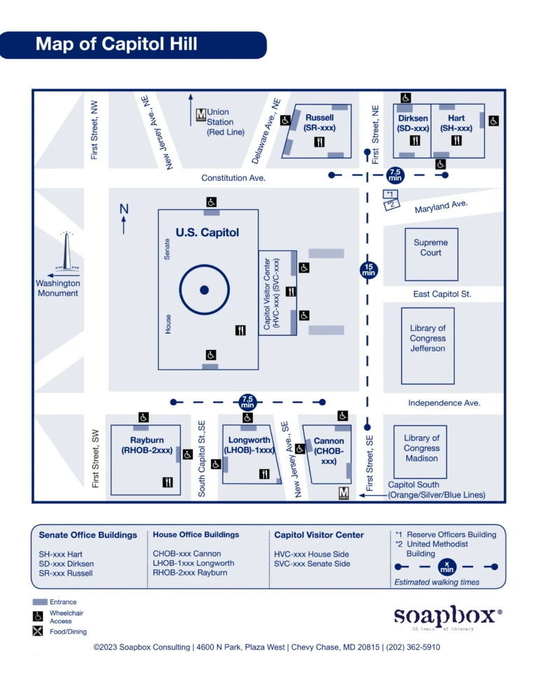 Map of Capitol Hill showing the congressional office buildings, wheelchair-accessible entrances, food and dining locations, Metro stations, and estimated walking times.