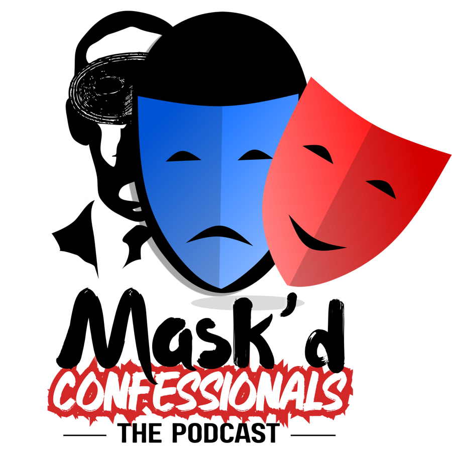 Mask'd Confessionals logo: two theatre masks beside the outline of a man's face