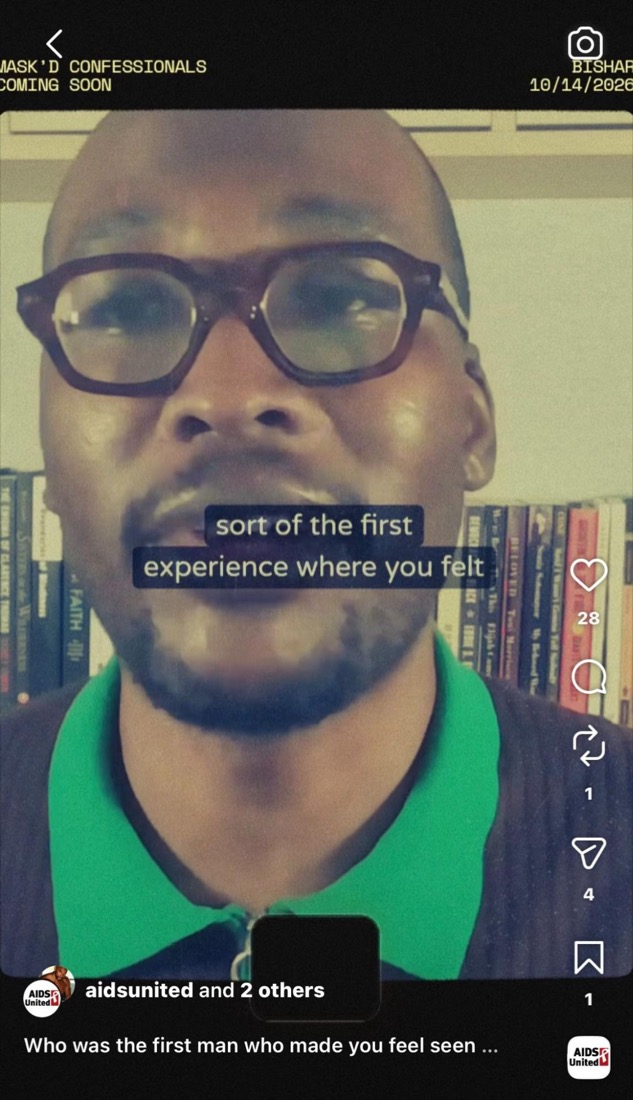 Still from a Mask’d Confessionals video: a man in glasses speaking to camera, captioned “sort of the first experience where you felt”. Watch on Instagram.