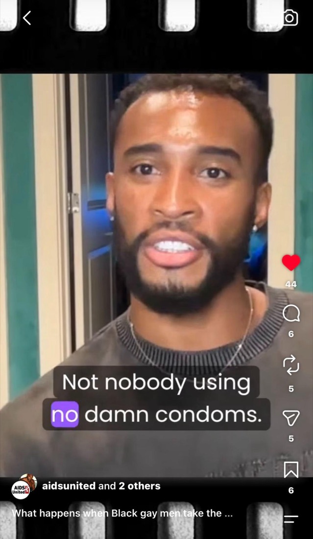 Still from a Mask’d Confessionals video: a man speaking to camera, captioned “Not nobody using no damn condoms.” Watch on Instagram.
