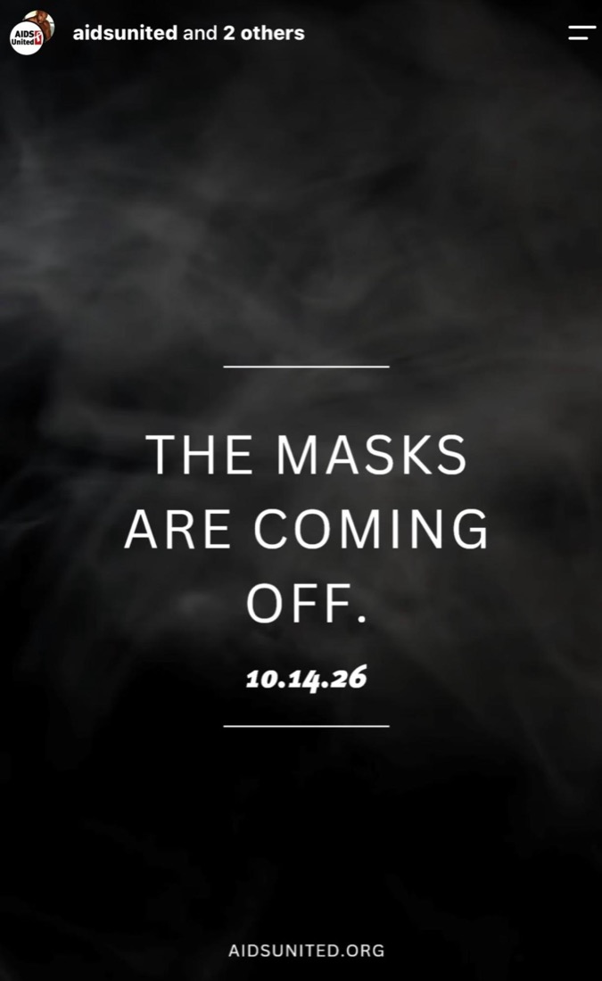 Teaser card on a smoky black background: The masks are coming off. 10.14.26. Watch on Instagram.