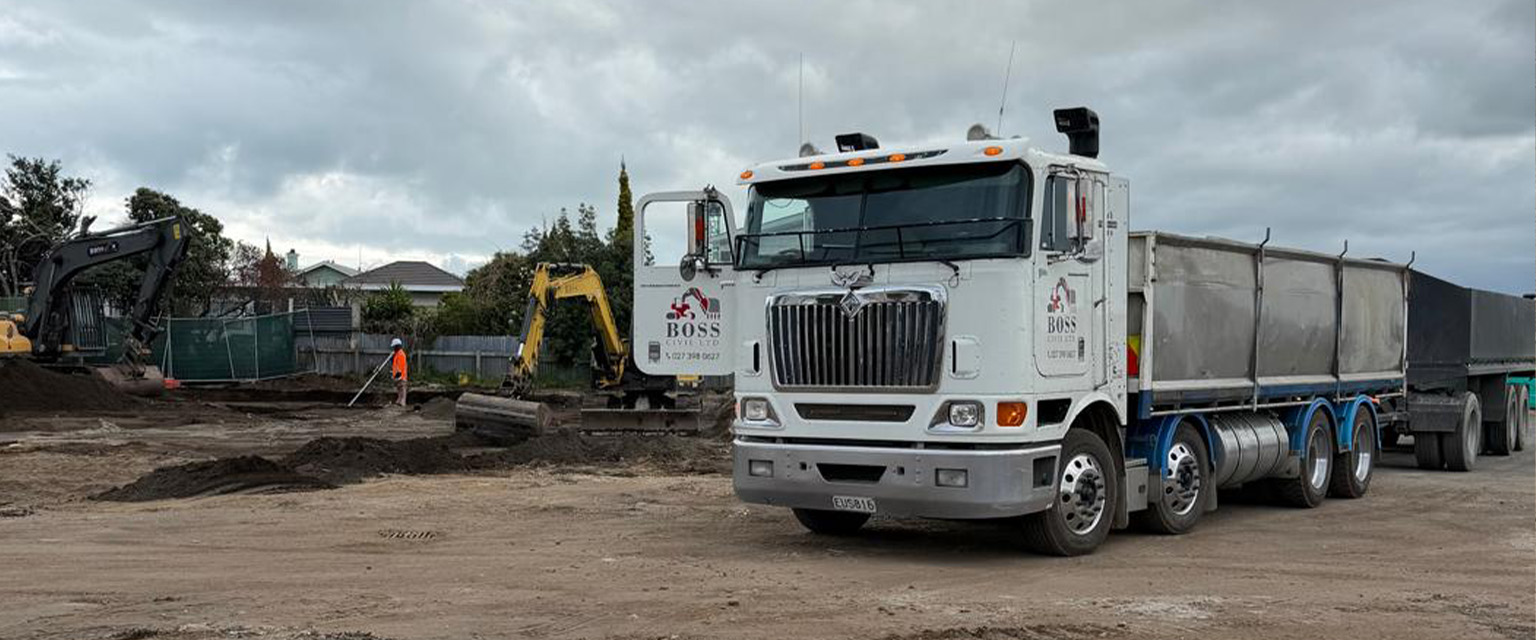 Boss Civil truck delivering bulk material to a site in Whanganui