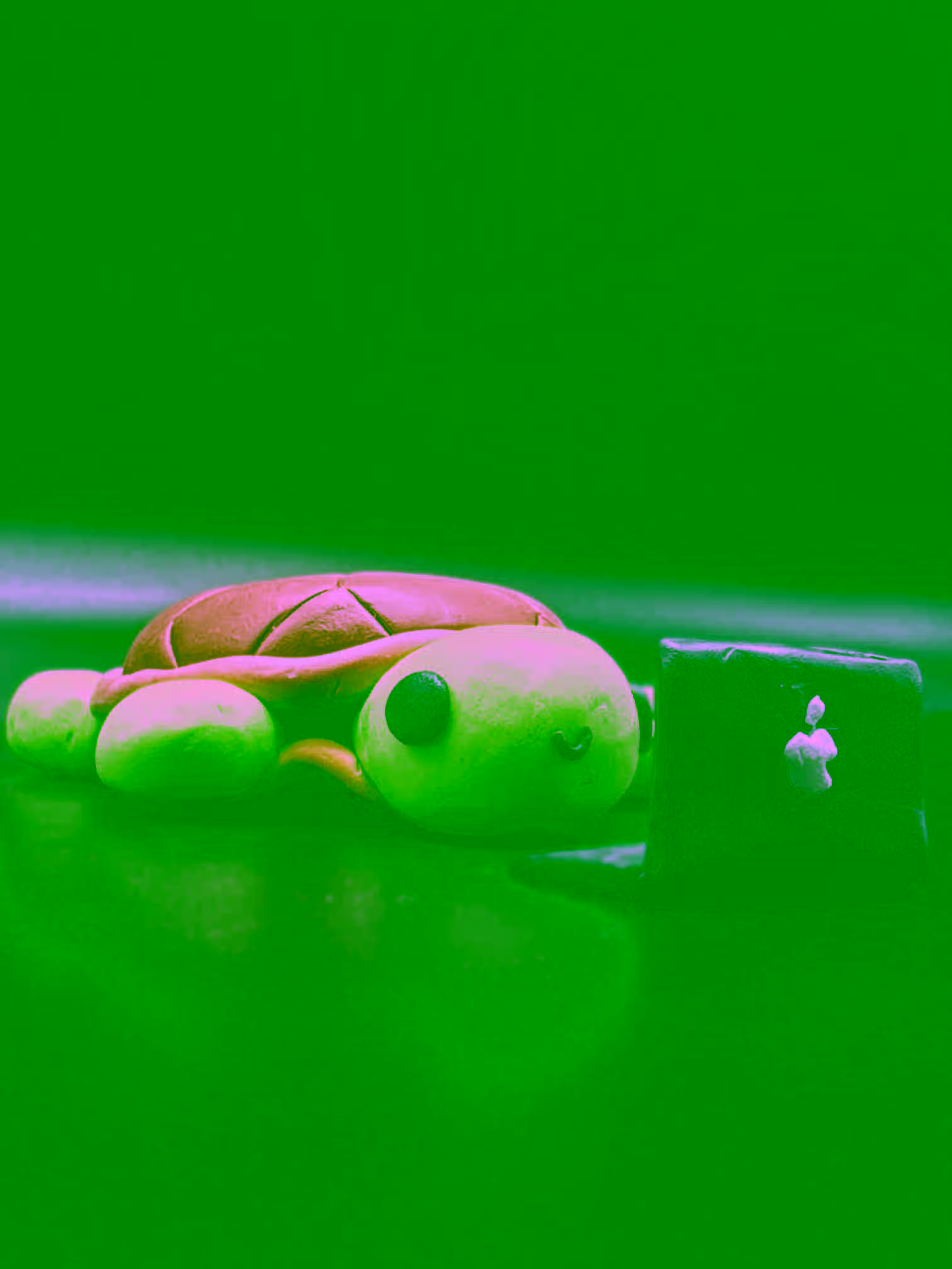 Clay Trtle.T mascot working on a clay laptop.