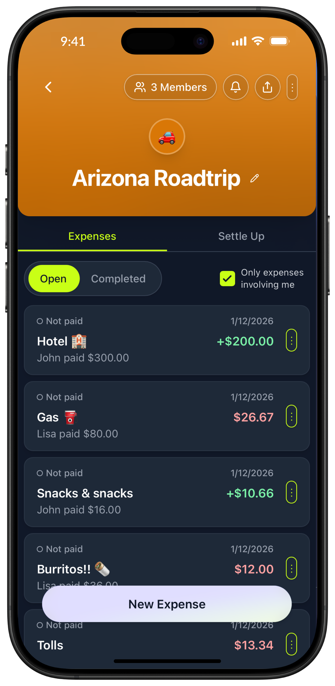 Obe app screen showing a restaurant bill split between four friends