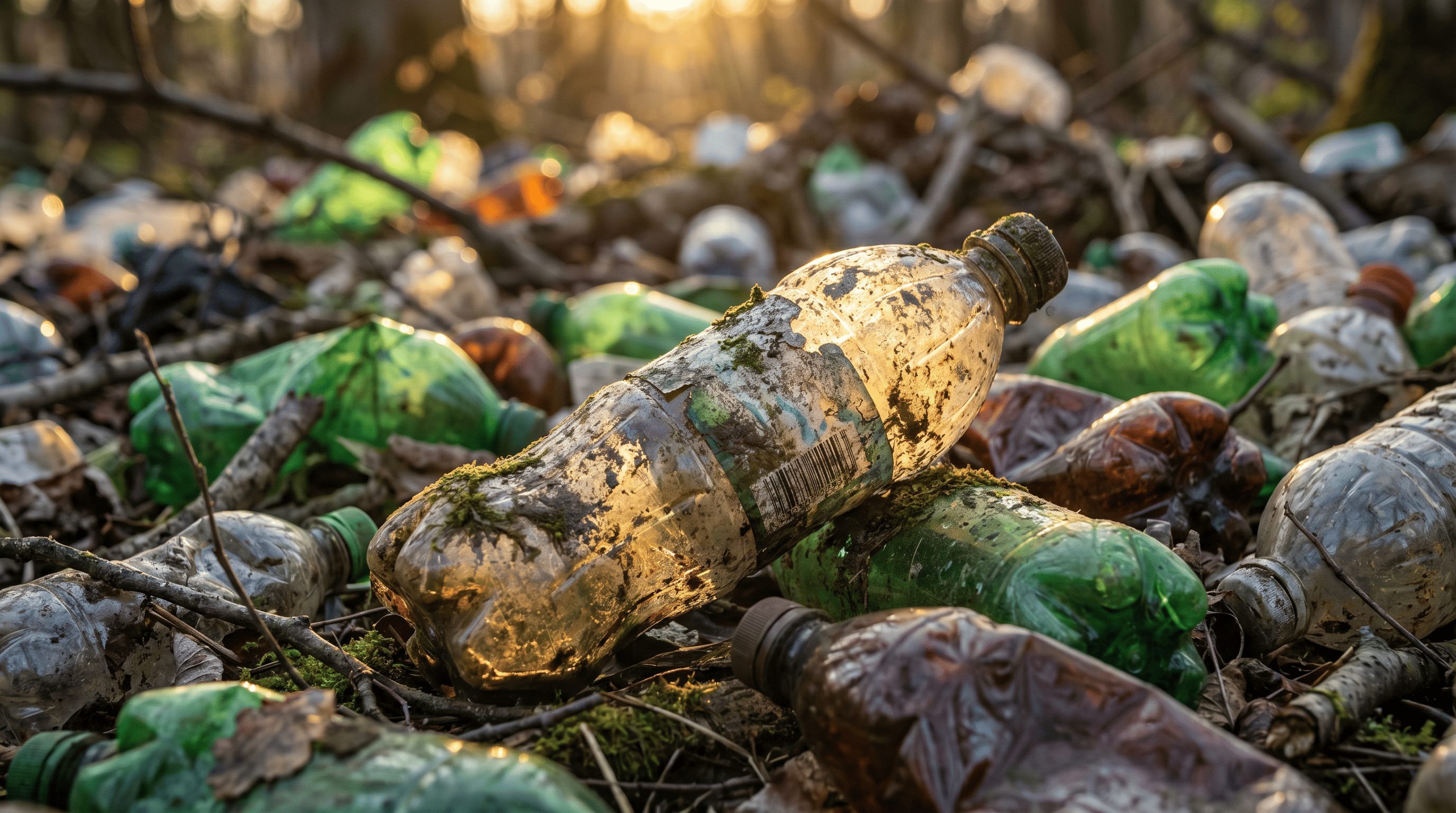 A low-angle view shows a forest floor heavily strewn with discarded plastic bottles in clear, green, and brown. Many bottles are covered in dirt and moss, lying among dry leaves and twigs. Golden sunlight from the background illuminates the scene, casting a warm glow and highlighting the pervasive litter.