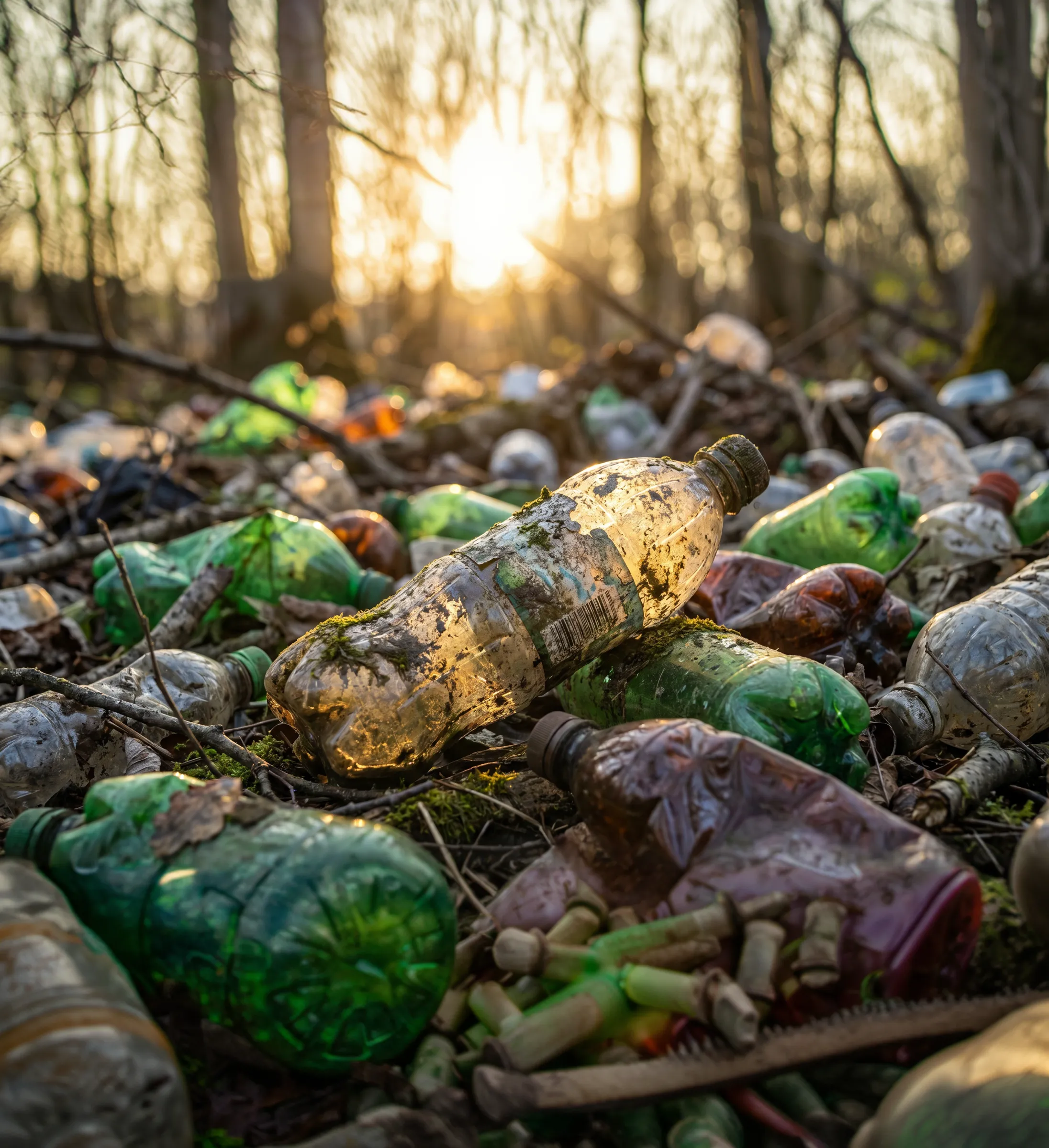 A low-angle shot captures a forest floor densely covered with discarded plastic bottles of various colors, including clear, green, and brown. Many bottles are weathered with dirt and moss, with a prominent clear bottle in the foreground showing a partially torn label and barcode, strongly backlit by the sun. The warm, golden light of a setting sun filters through the blurred trees in the background, creating bright highlights and a soft glow.