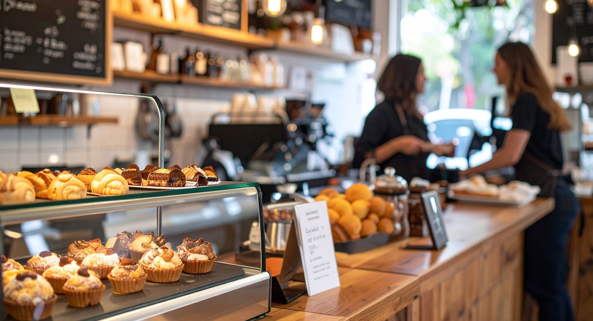 Cafe shop with one customer being served at the check-out counter.
