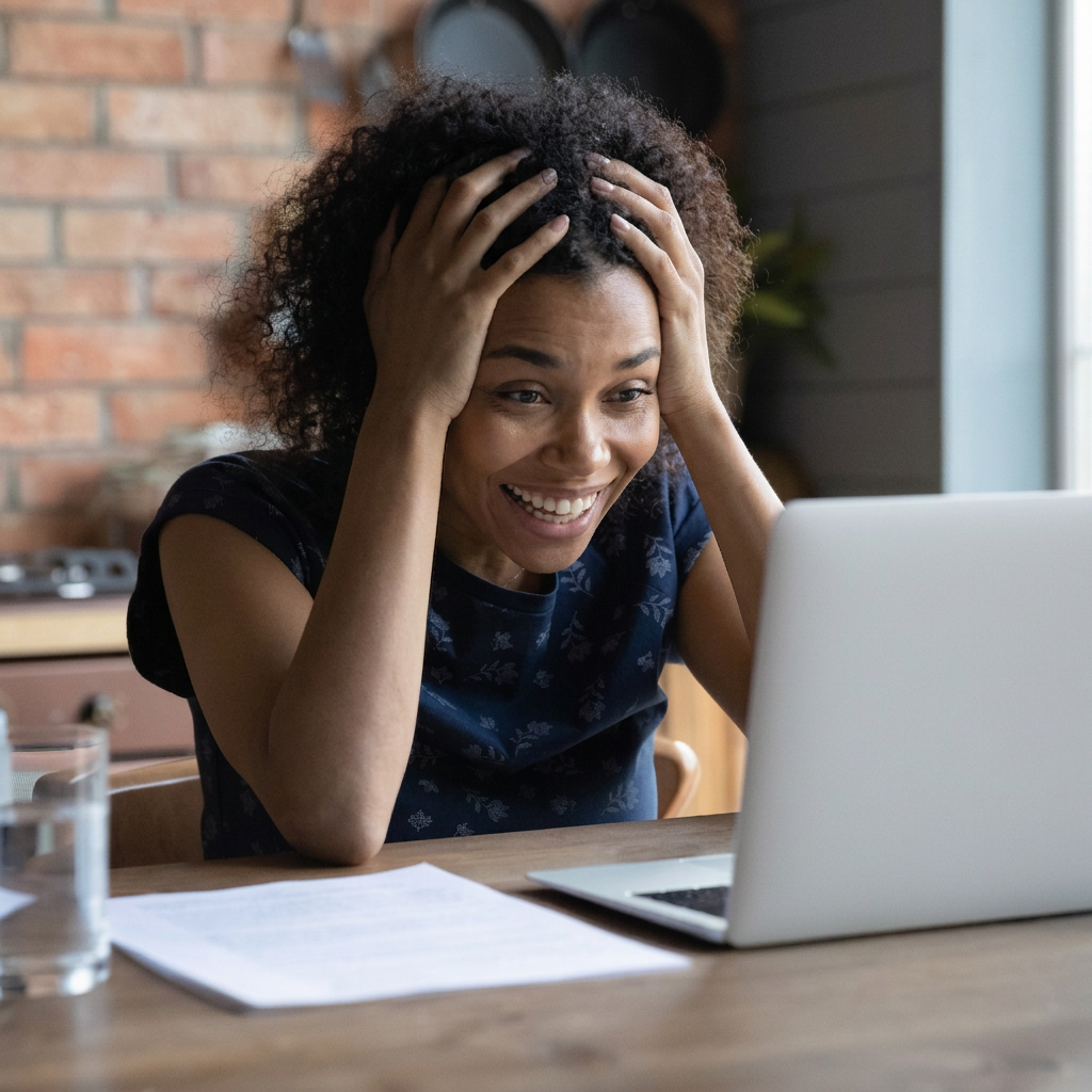 A woman business owner smiling at her computer screen having found the solution to her GA4/Search_Console problem
