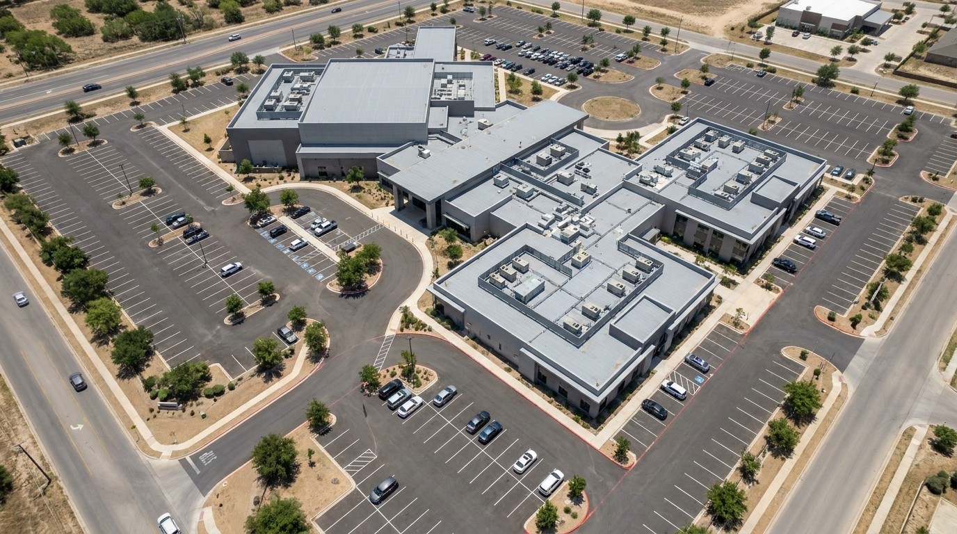 Aerial view of a large commercial building with multiple wings surrounded by mostly empty parking lots.