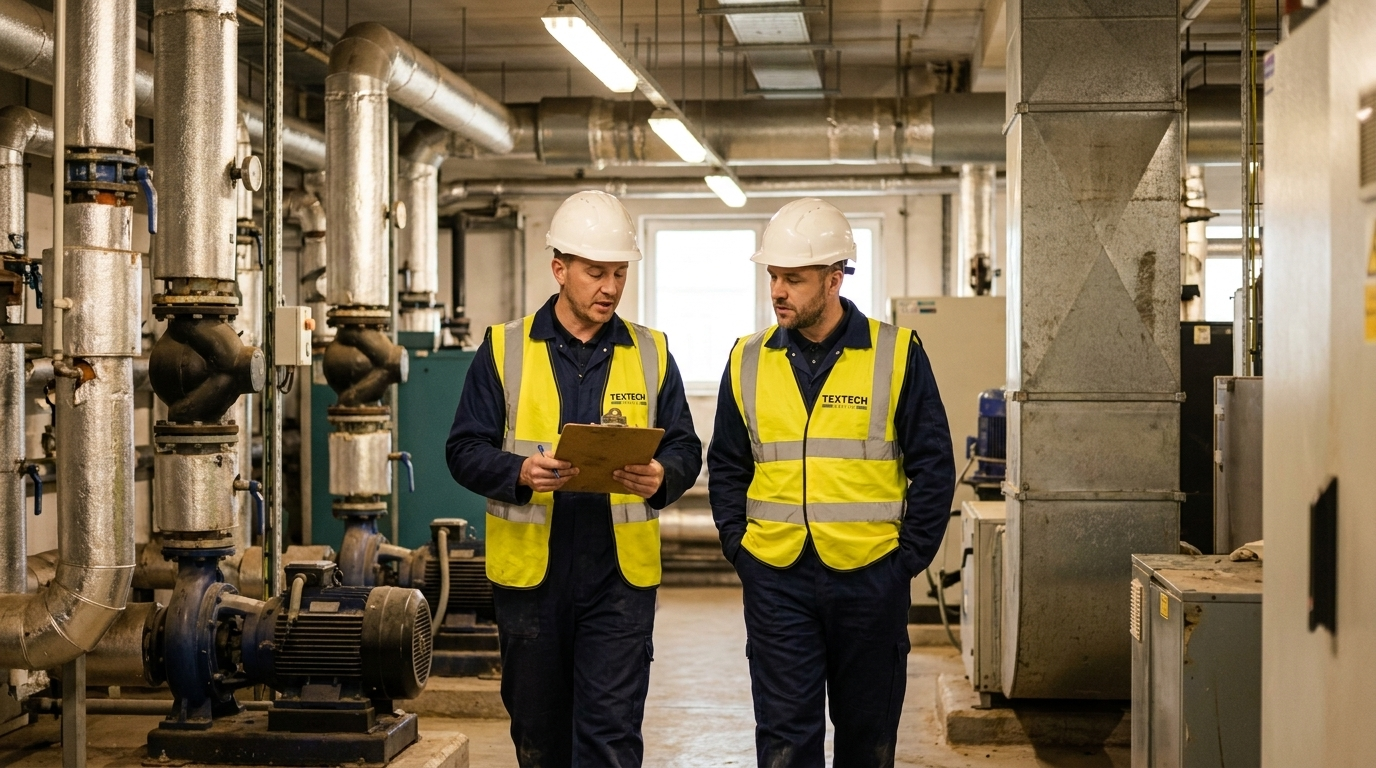 Two industrial workers wearing white helmets and yellow safety vests inspecting equipment in a plant.