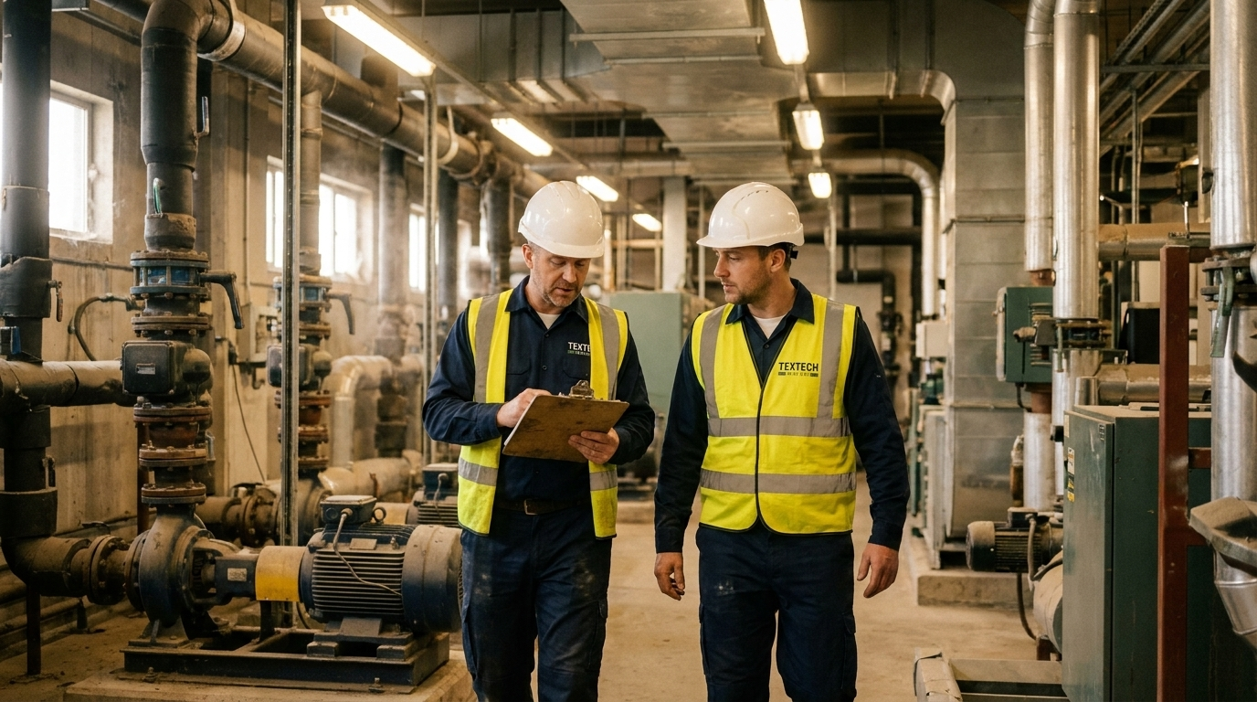 Two industrial workers wearing hard hats and yellow vests walk inside a factory with large pipes.