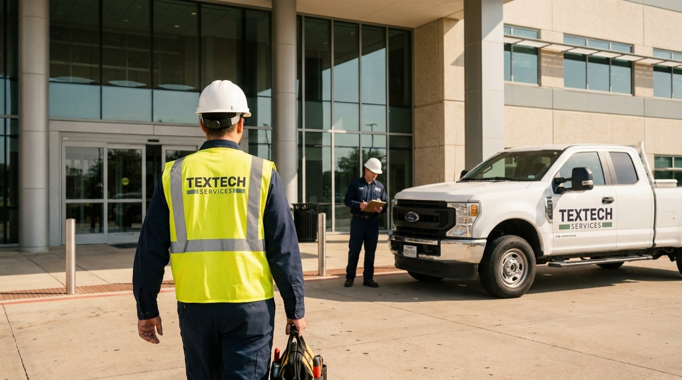 Worker in hard hat and safety vest walking towards building entrance carrying tools, with Textech Services truck nearby.