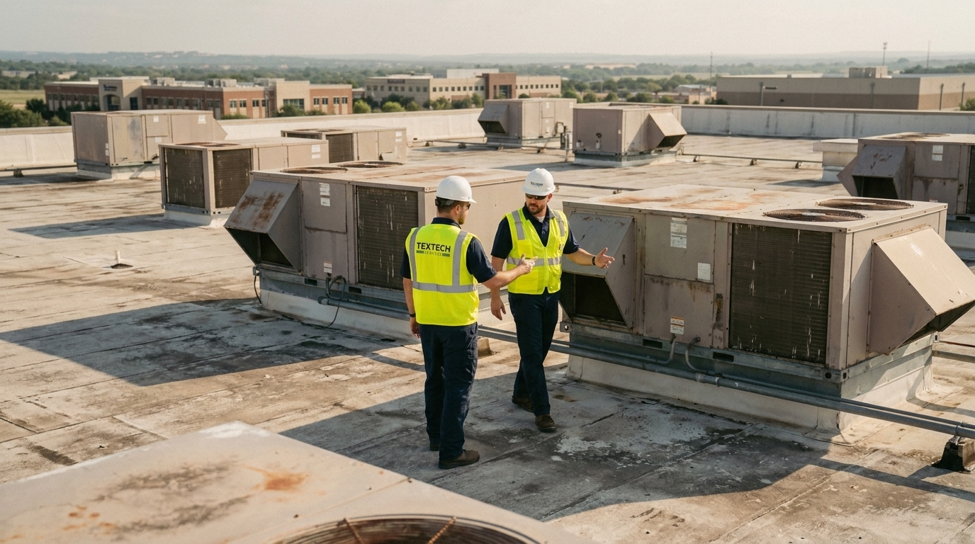 Two construction workers in safety vests and helmets conversing on a rooftop with HVAC units.