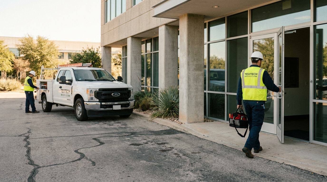 Two workers in yellow vests and helmets near a TexTech service truck outside a building, one entering with tools.