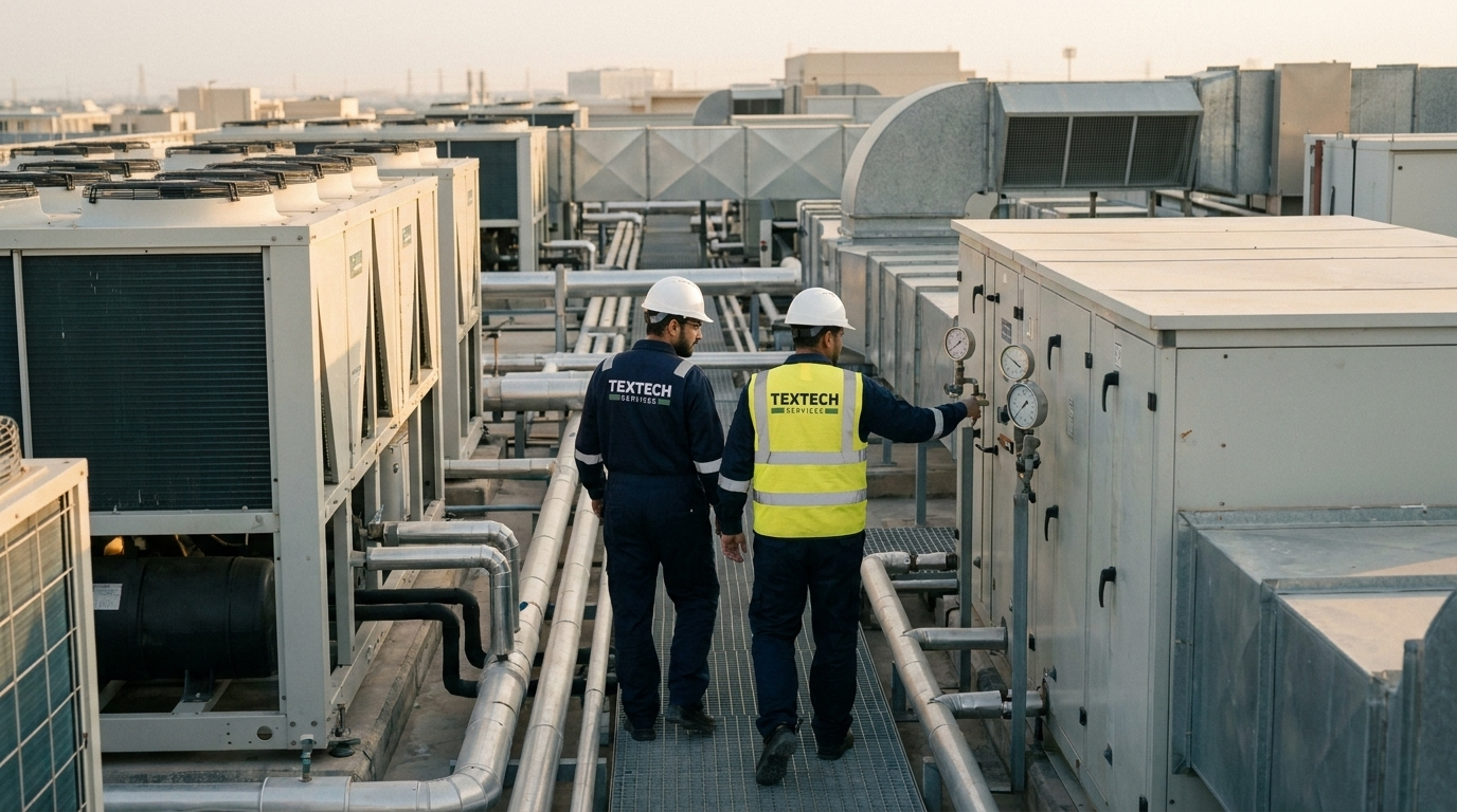Two workers in helmets inspect industrial HVAC equipment on a rooftop with pipes and gauges.