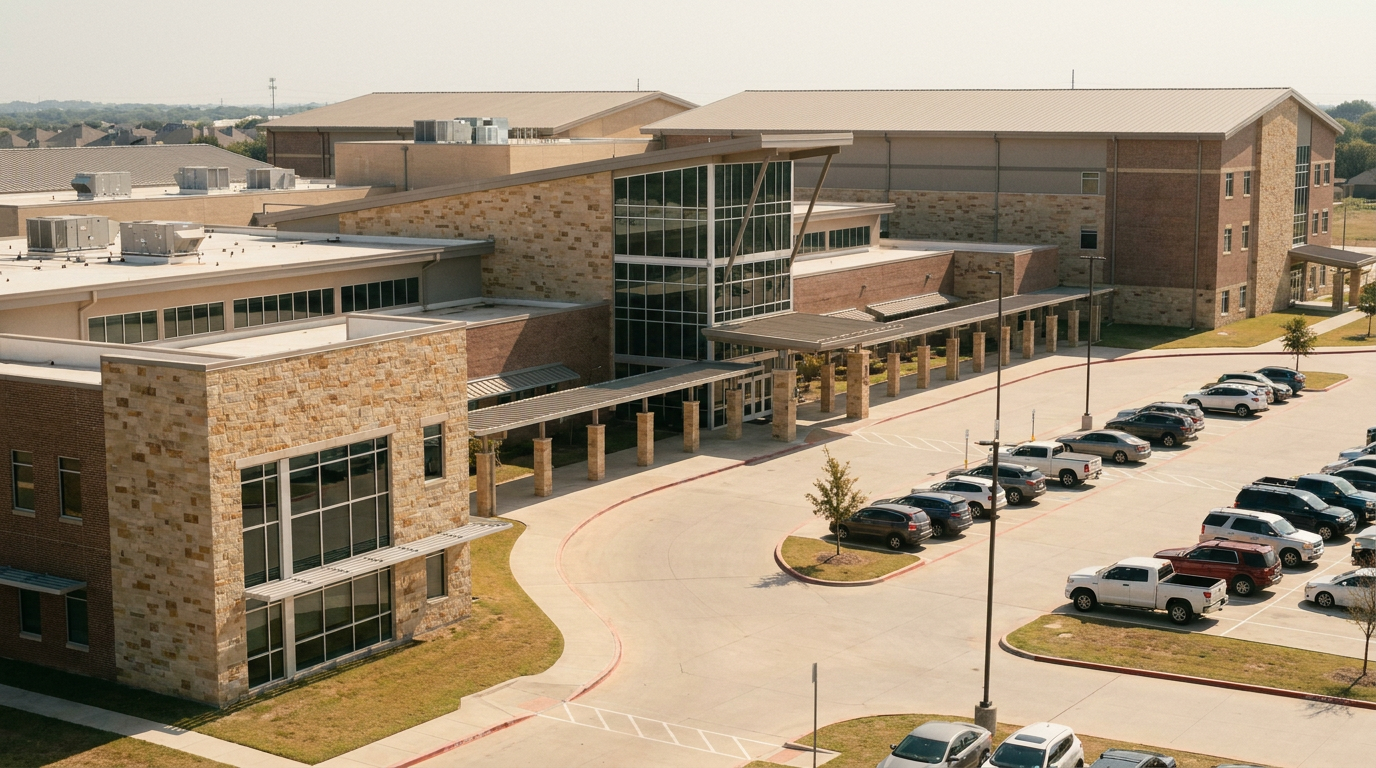 Modern school building with stone and brick exterior and adjacent parking lot with cars.