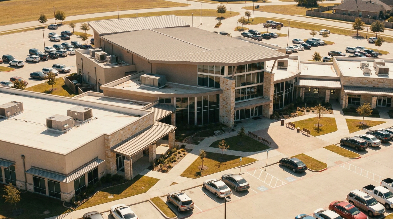 Aerial view of a modern building with parking lots filled with cars and landscaped walkways.