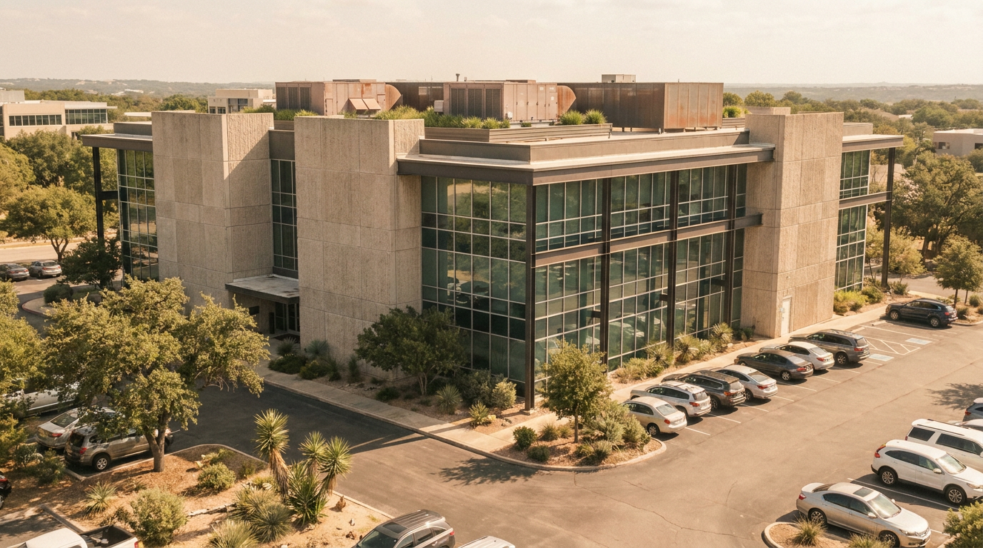 Modern three-story office building with large glass windows, surrounded by trees and parking lot.