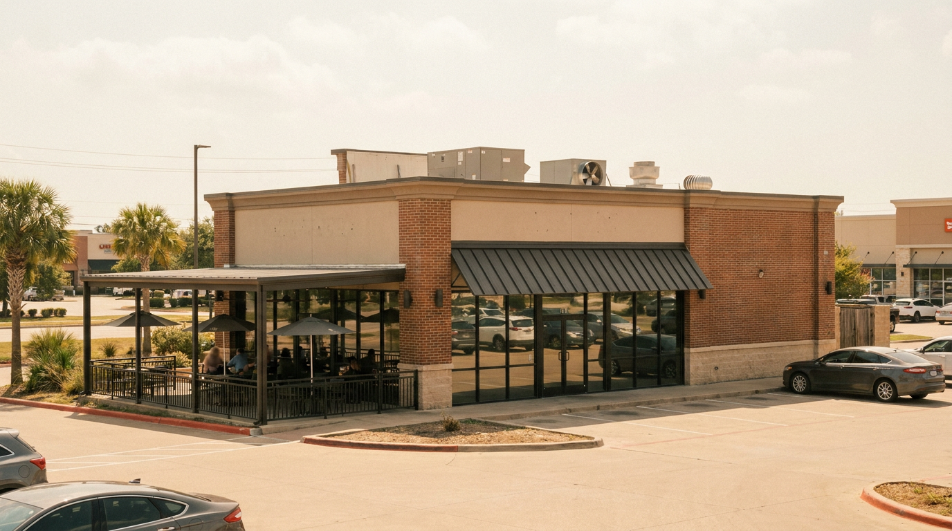 Brick and beige commercial building with a covered outdoor patio and parked cars in front.