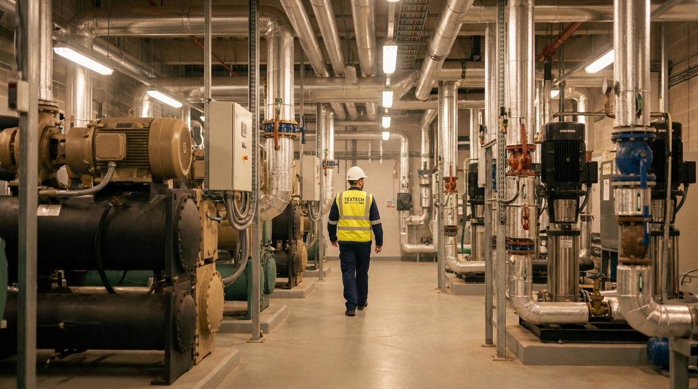 Worker in a high-visibility vest and hard hat walking through a large industrial facility with metallic pipes.