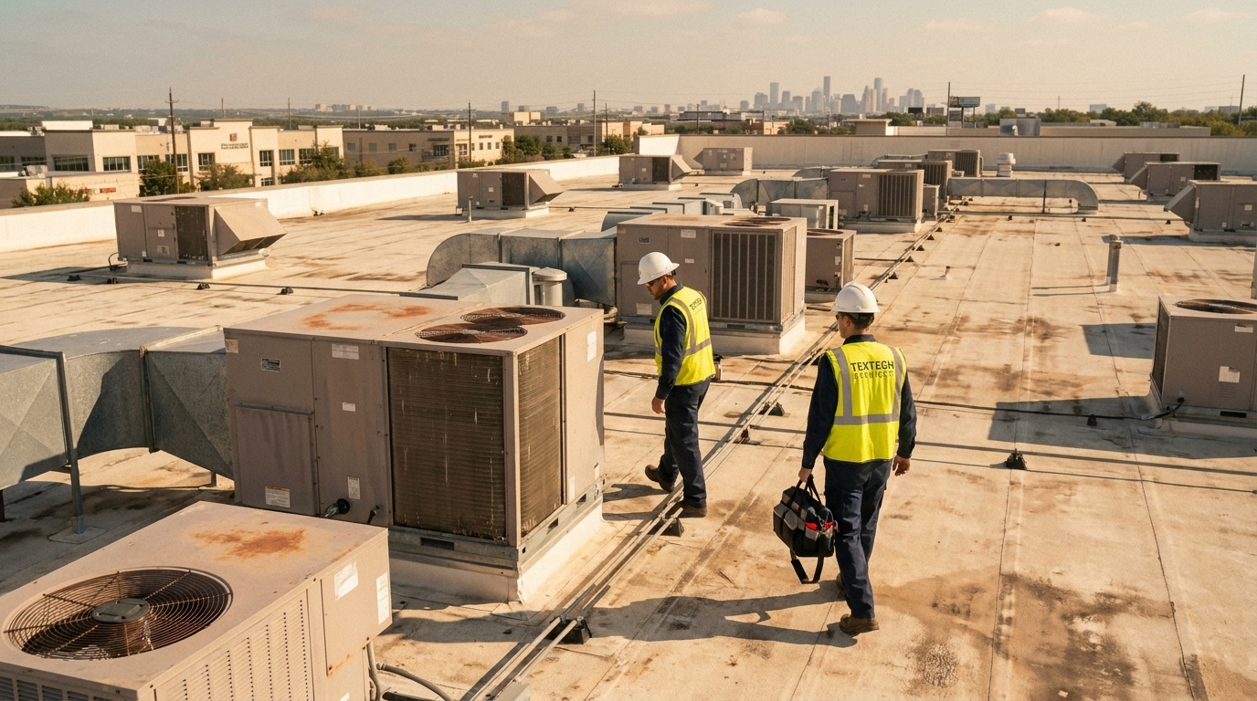 Two HVAC technicians wearing safety vests and helmets inspecting rooftop air conditioning units.