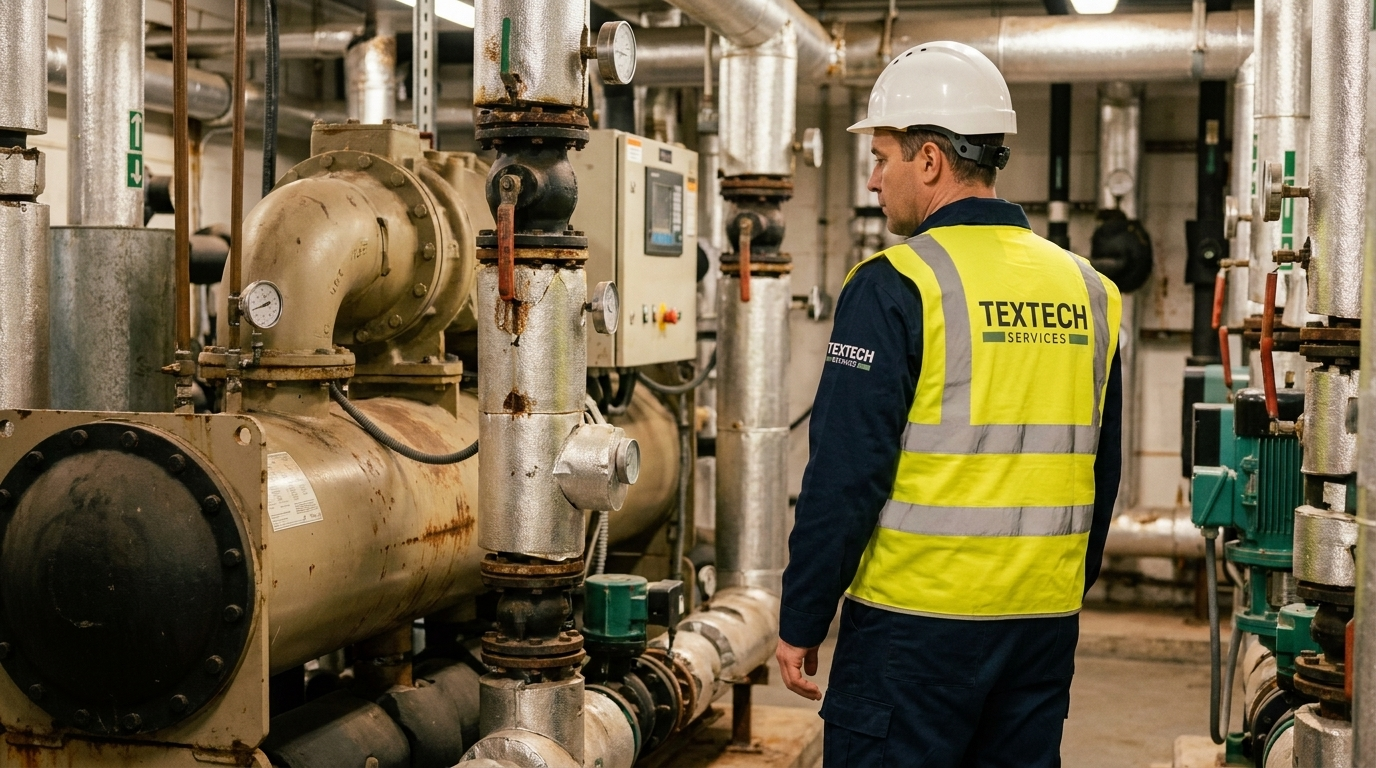 Worker in a hard hat and yellow Textech Services vest inspecting industrial pipes and machinery.