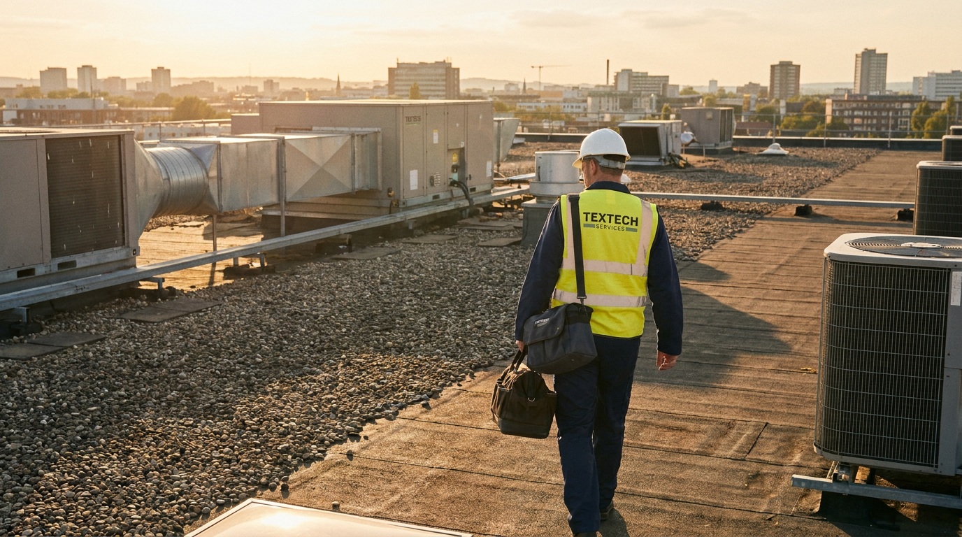 Technician in a hard hat and Textech Services vest walking on a rooftop with HVAC units at sunset.
