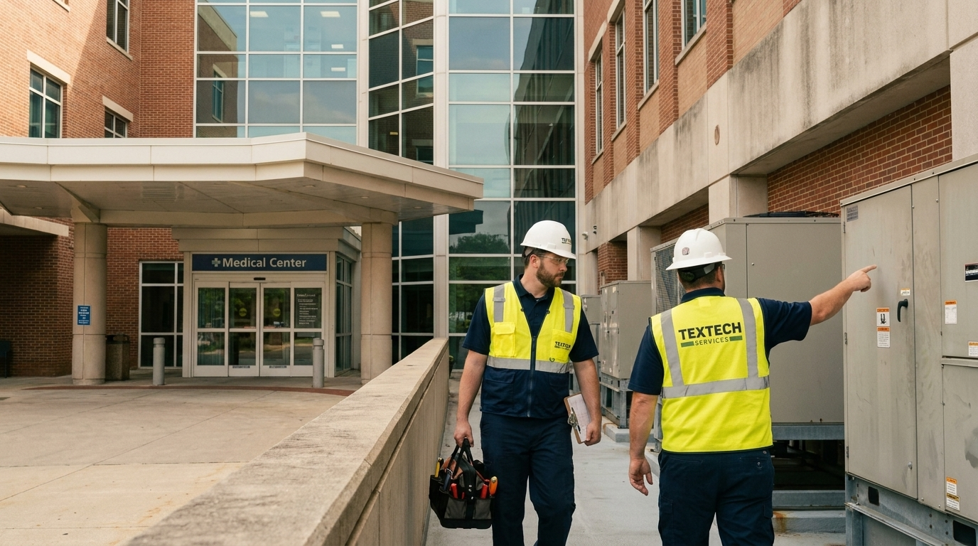 Two technicians wearing hard hats and yellow safety vests inspecting equipment outside a medical center.