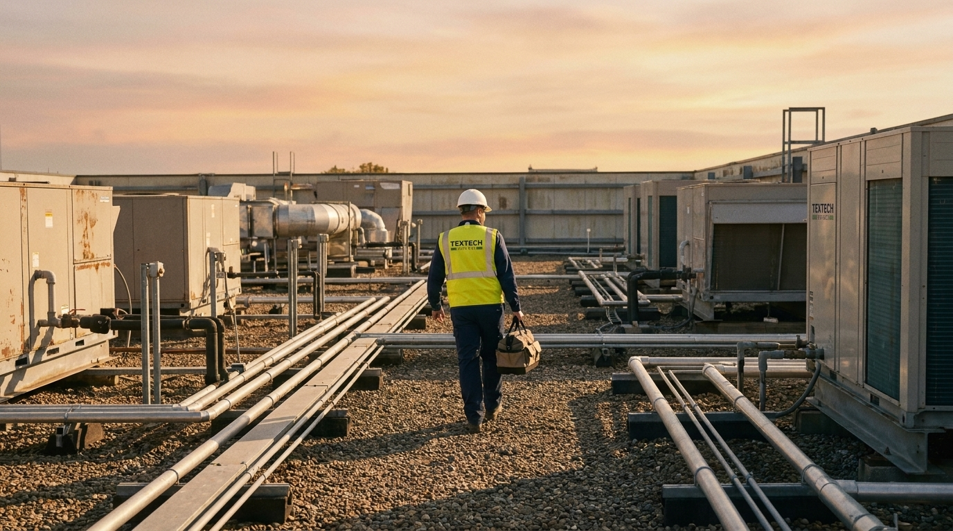 Technician in a safety vest and helmet walking among rooftop HVAC units at sunset.