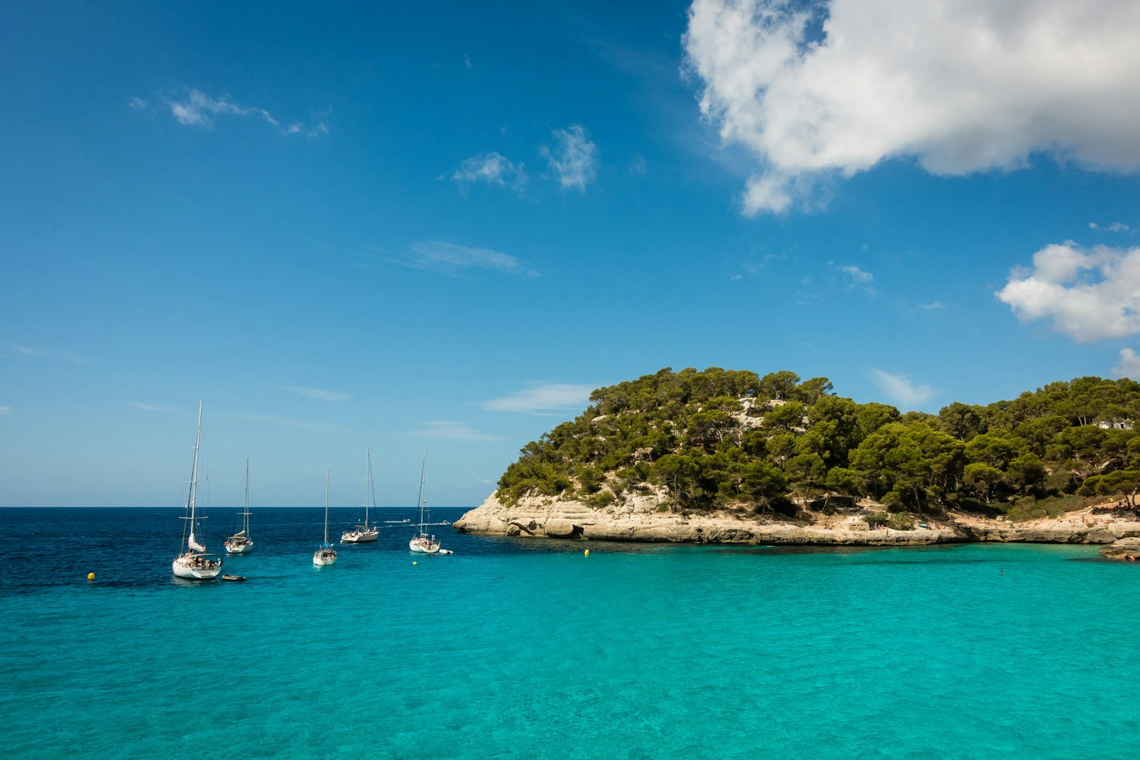 A green headland dropping into turquoise water on Menorca's coast. Photo by Luca Florio on Unsplash.