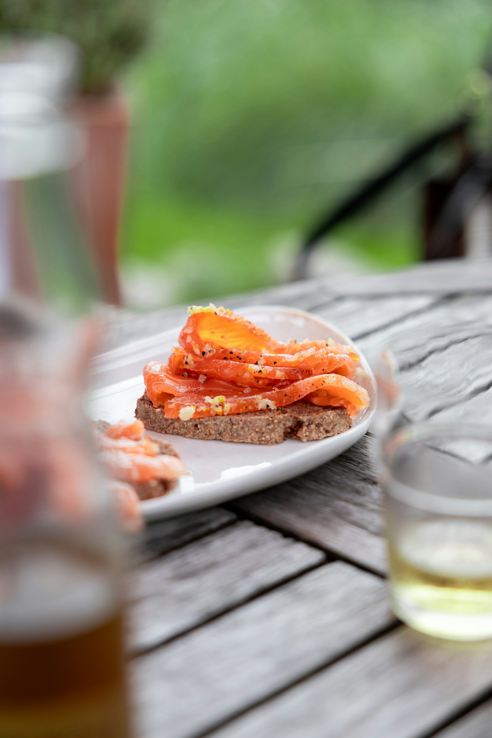 Cured salmon on dark rye on a white plate, an outdoor table with drinks and garden light behind. Photo by Chris Reyem on Unsplash.