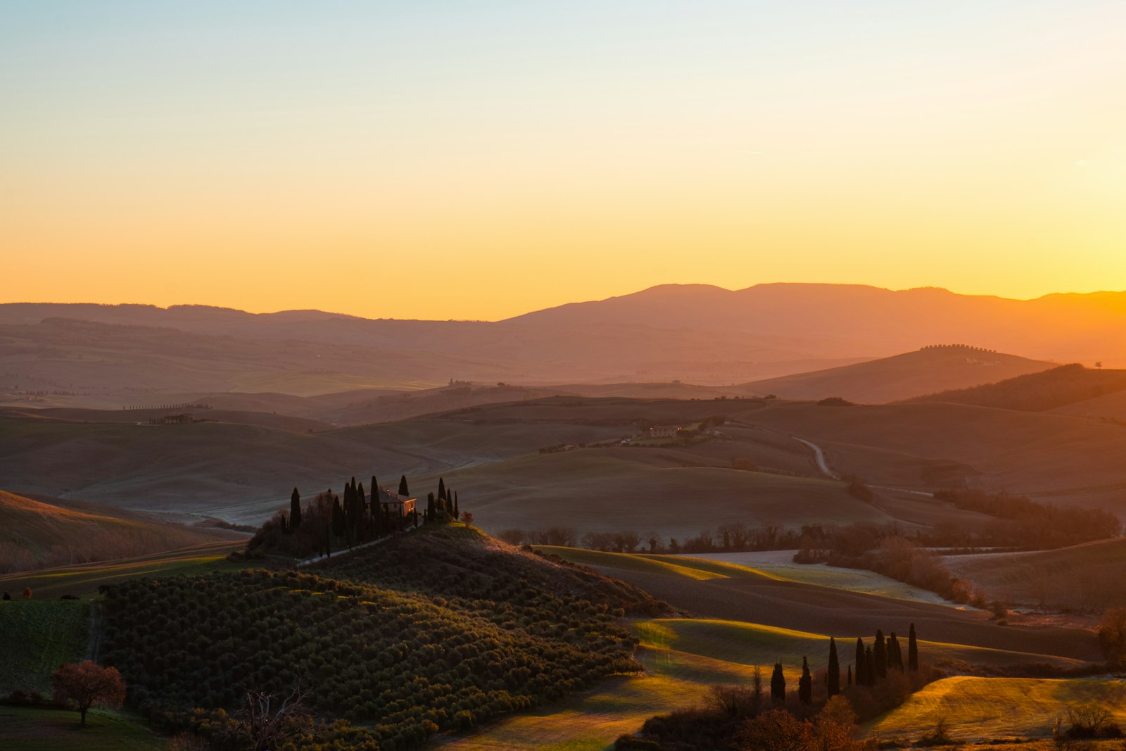 Rolling Val d'Orcia hills under golden-hour light in Tuscany. Photo by Grigory Mikhaylov on Unsplash.